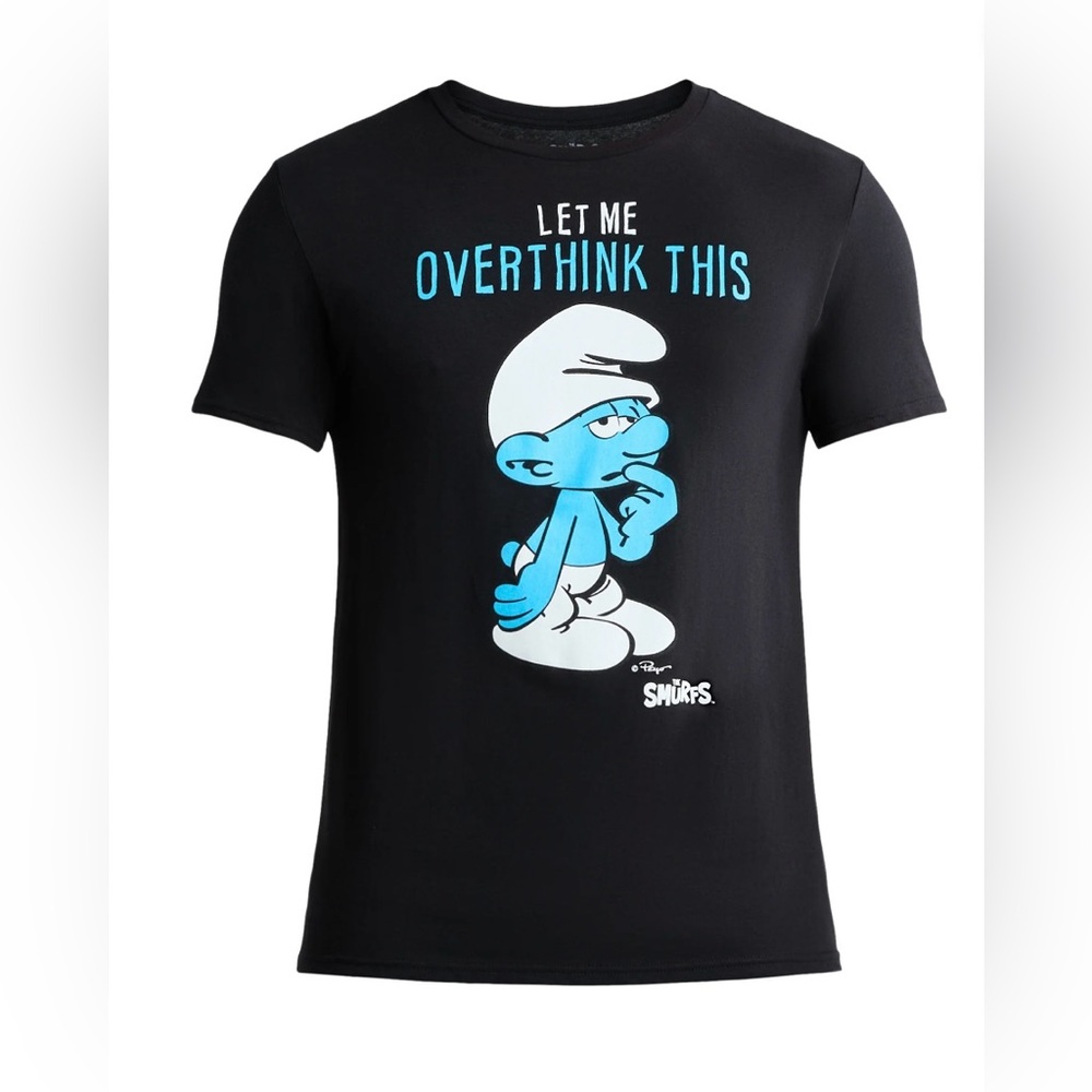 NWT Smurfs “Let Me Overthink This” Graphic Tee Black Size Small 100% Cotton